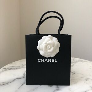 CHANEL Classic Gift Shopping Bag Mini Black White w/ Camelia Flower Sticker NEW